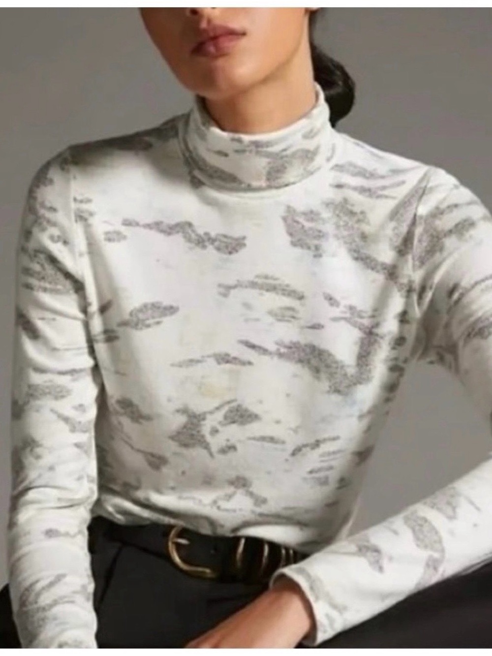 Anthropologie Abstract Print Crop Turtleneck Top White Gray Long Sleeve XL NEW